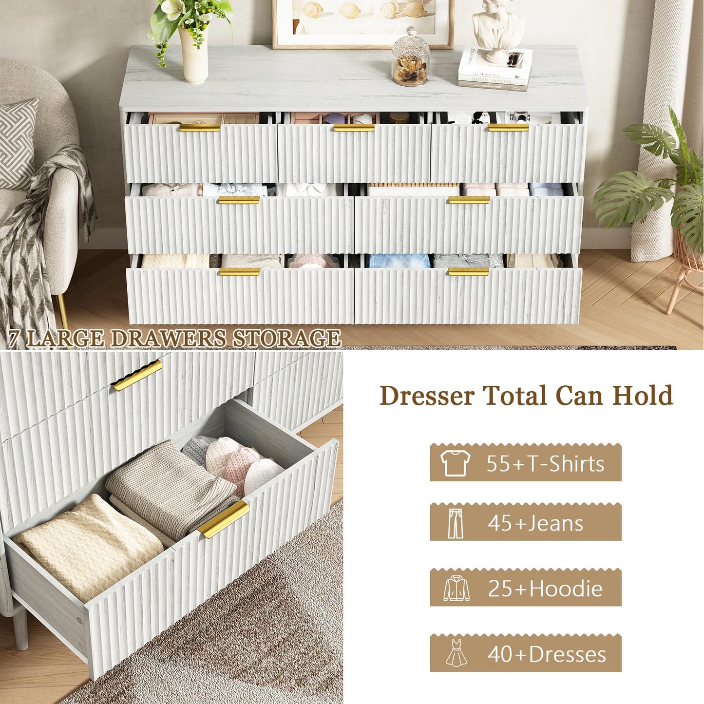 CARPETNAL Fluted 7 Double Drawers White Dresser for Bedroom, 55”Wide Modern Chest of Drawers with Deep Drawers,Wood Drawer Organizer for Bedroom Living Room, Hallway, White