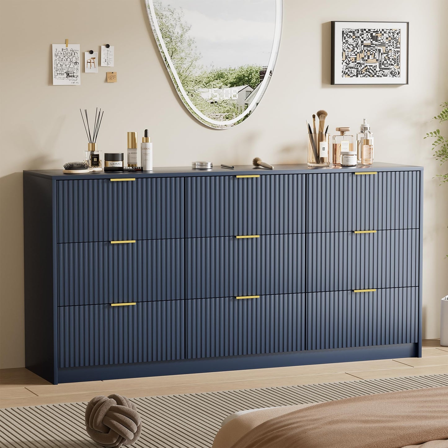 Furniway Blue Dresser for Bedroom, Modern Dresser with 9 Drawers and Smooth Slides, Wide Chest of Drawers with Golden Handles for Bedroom, Living Room, Closet, 15.7" D x 63" W x 31.5" H