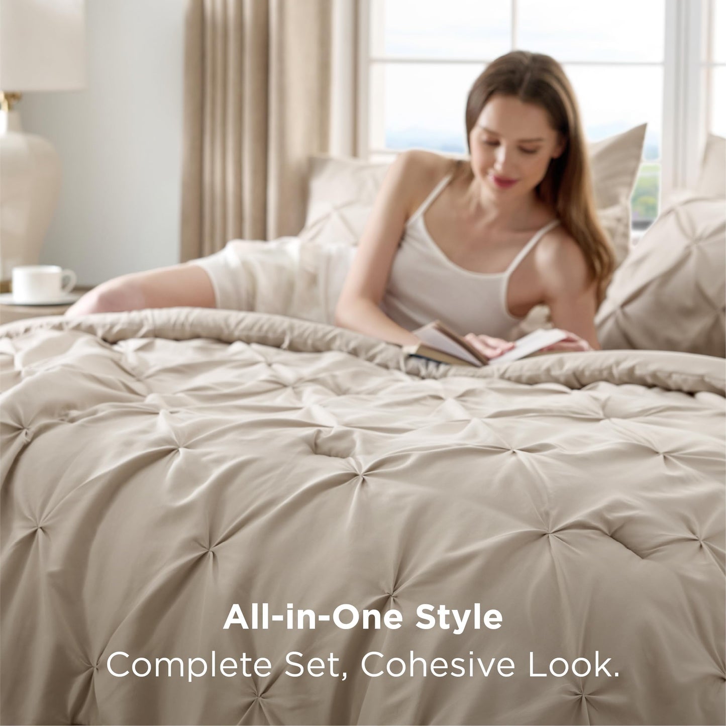 Bedsure Queen Comforter Set Beige - Bed in a Bag Queen Size 7 Pieces, GentleSoft™ Pintuck Bed Set Gift for Family, Pinch Pleat Beige Comforter with Sheets, Pillowcases & Shams