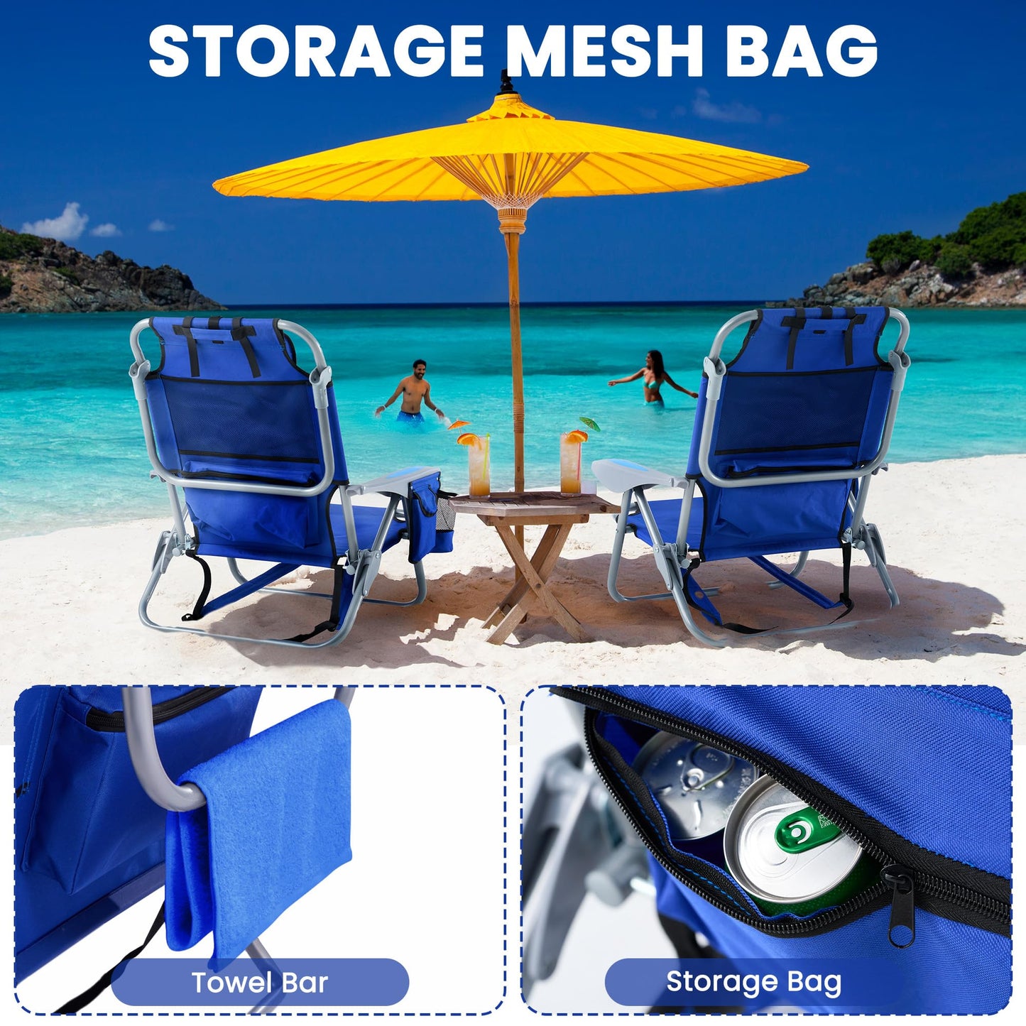 Geisoun Beach Chair with 5 Adjustable Positions, Lightweight Foldable Camping Chair with Pillow, Reclining Chair for 350 LBS Adult, with Shoulder Straps, Storage Bag, Cup Holder, Towel Bar