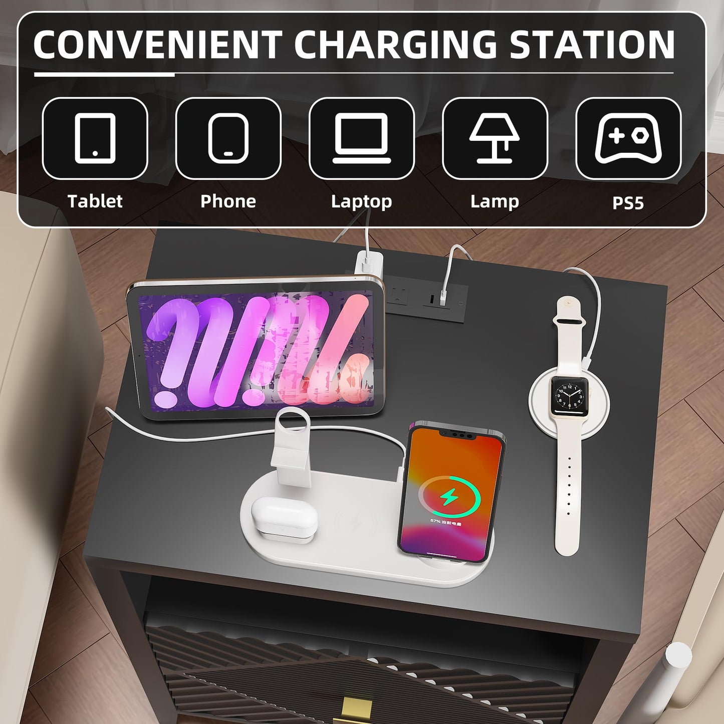 Modern Nightstands with Charging Station, Set of 2, 19.68" Bedside Tables with Drawer and Open Shelf, End Tables with USB Ports and Outlets for Bedroom