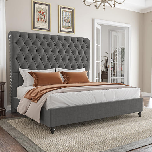 AMERLIFE King Size Bed Frame with 60" Tall Wingback Headboard, Velvet Upholstered Platform, Button Tufted Sleigh Design, No Box Spring Needed,Grey