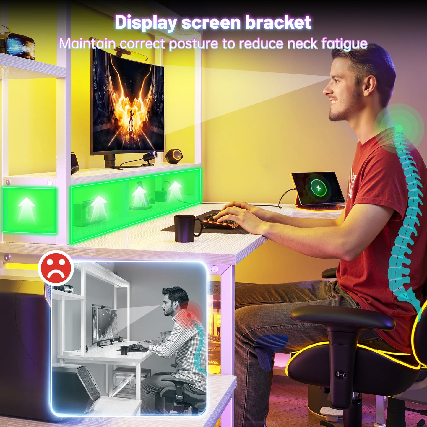L Shaped Gaming Desk with LED Lights & Outlets,55" Computer Desk with Shelves & Storage Hutch,Reversible Corner Gaming Table with Printer Space & Monitor Stand for Game Room,Home Office,White
