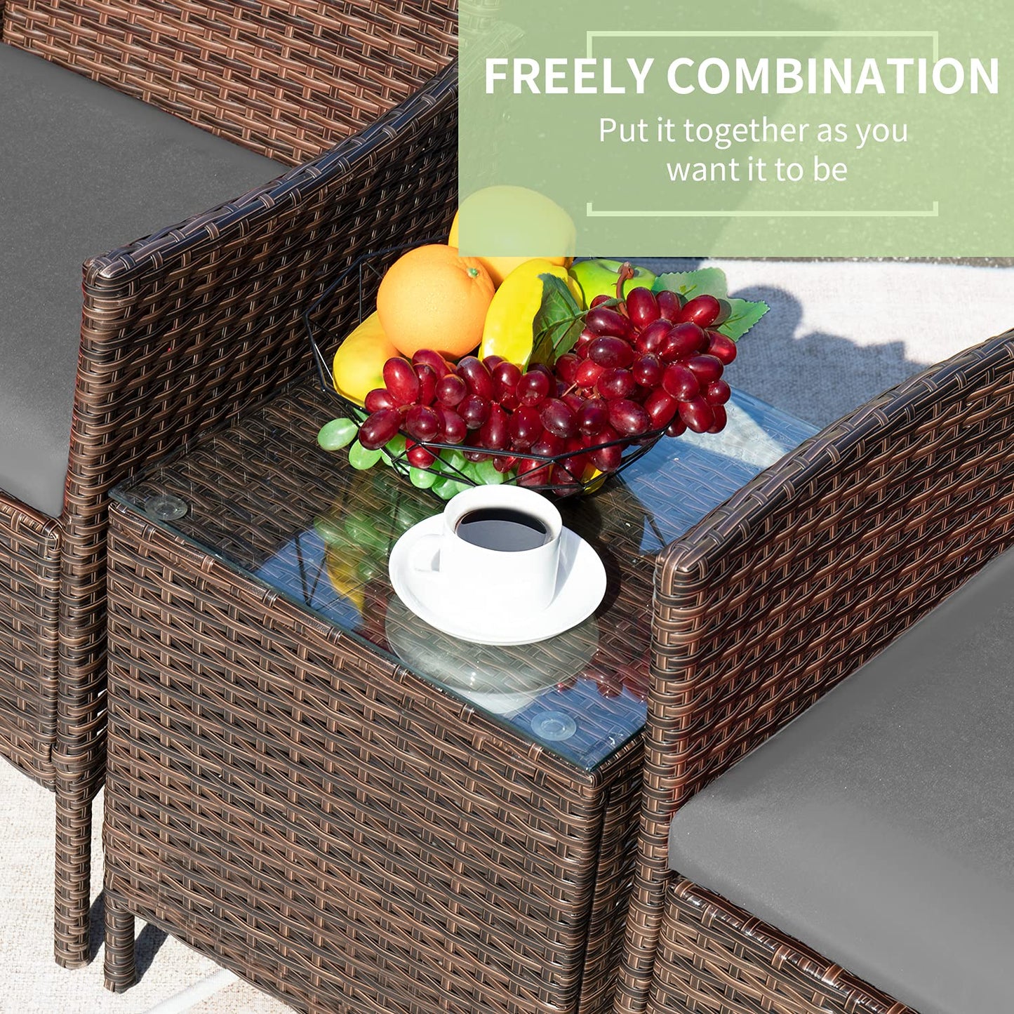 Greesum 3 Pieces Patio Furniture Sets Outdoor PE Rattan Wicker Chairs with Soft Cushion and Glass Coffee Table for Garden Backyard Porch Poolside, Brown and Gray