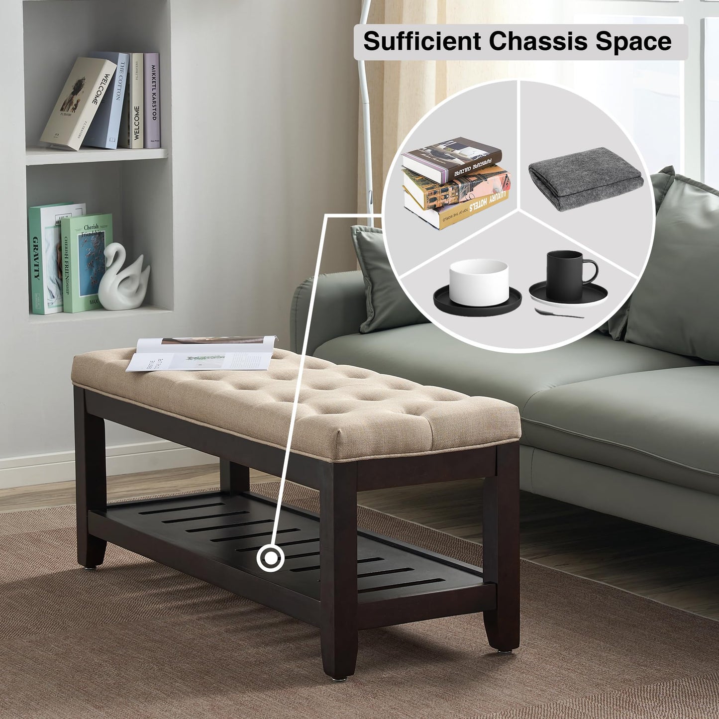 adochr Linen Large Rectangular Ottoman with Storage, Upholstered Entryway Bench for Living Room, Oversized Button Tufted Ottoman with Wood Shelf Storage, Light Brown