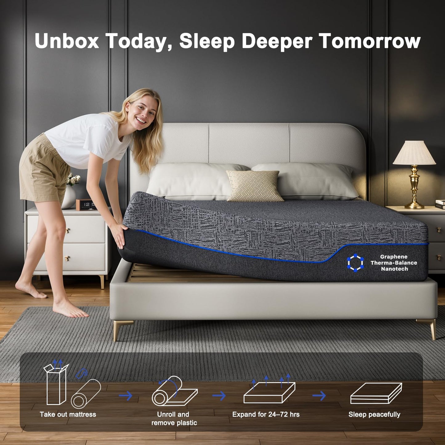 Amada 12 Inch Queen Mattress, Queen Memory Foam Mattress, Cooling Sleep & Pressure Relief, Medium Firm Plus Feel & Fiberglass-Free, Graphene Fabric, CertiPUR-US Certified Mattress Bed in a Box