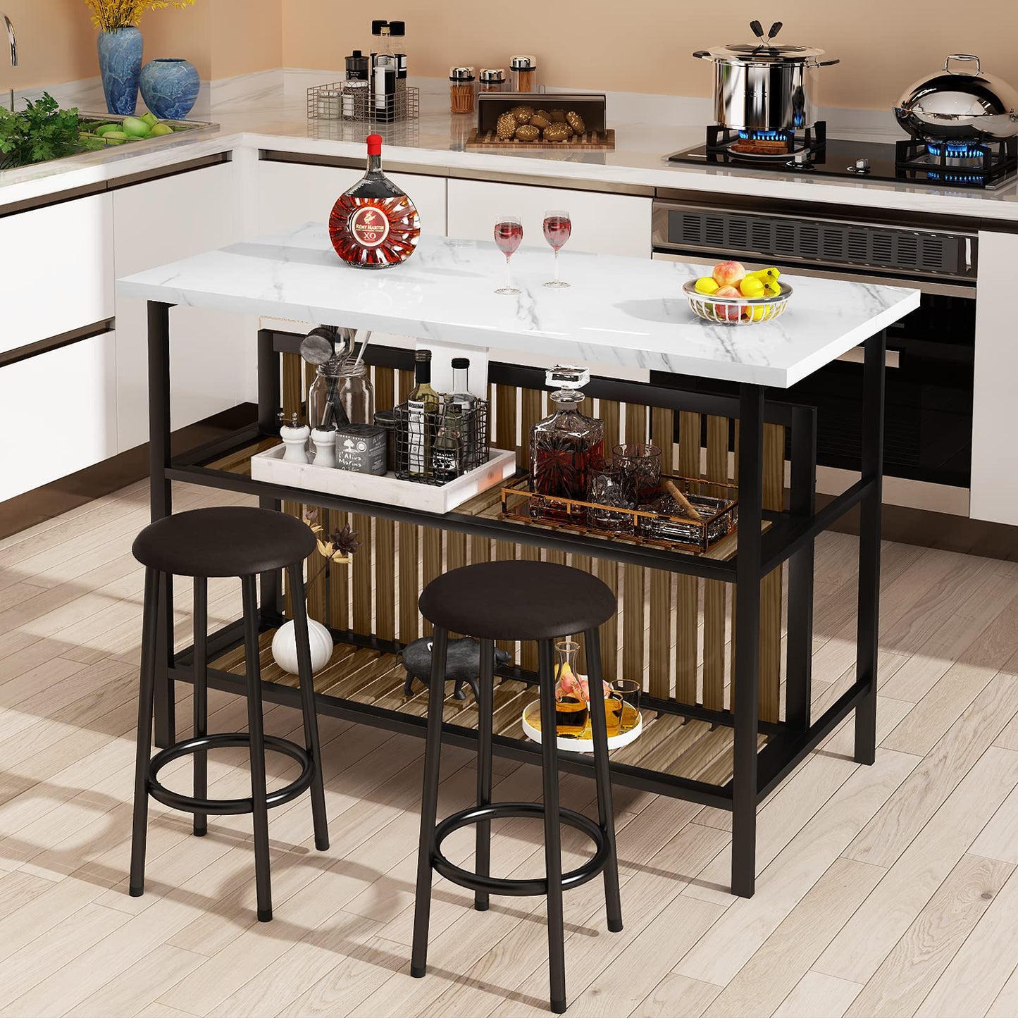Lamerge 3 Piece Bar Table and Chairs Set, Industrial Bar Table Set with Storage Shelves,Marble Counter Height Table with 2 Bar Stools,Modern Pub Table Dining Room Table Set for Kitchen,White