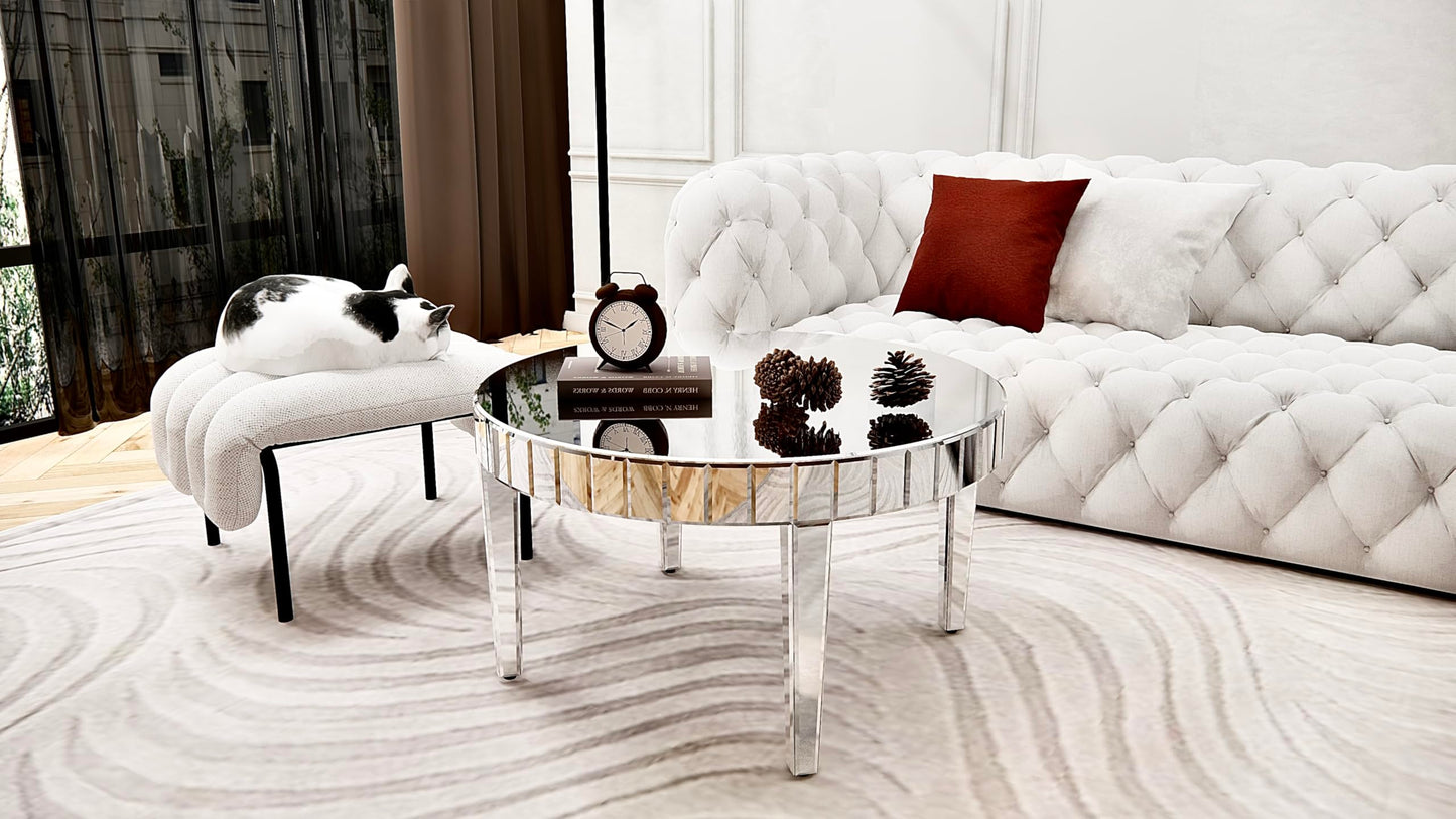 KUVADAZ Silver Mirrored Coffee Table, 31.5" Round Mirror Center Table with Starburst Mirror Mosaic Design, Modern Luxury Mirrored Furniture Glass Top Cocktail Tea Table for Living Room