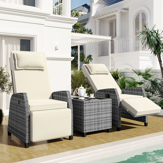 CHSICFOR Outdoor Rattan Patio Recliner Chairs, 2-Person Chairs with Coffee Table, Adjustable Backrest for Courtyard, Swimming Pool, Balcony (Beige)