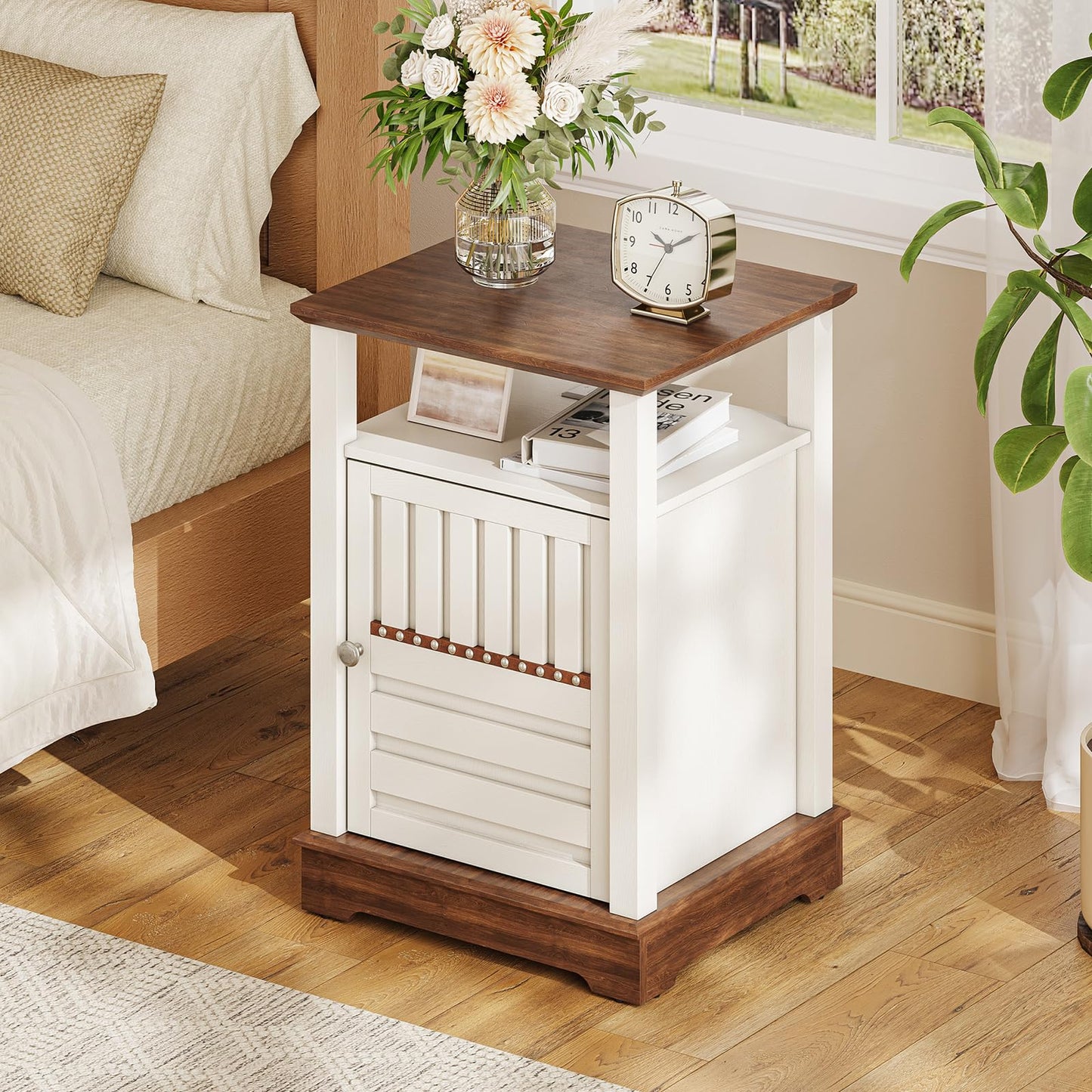 Farmhouse End Table with Charging Station, 18'' Wide Rustic Nightstand w/Rivet Barn Door & Adjustable Storage Shelf, Wood Sofa Side Tables w/Open Shelf & Storage Cabinet for Living Room, Bedroom