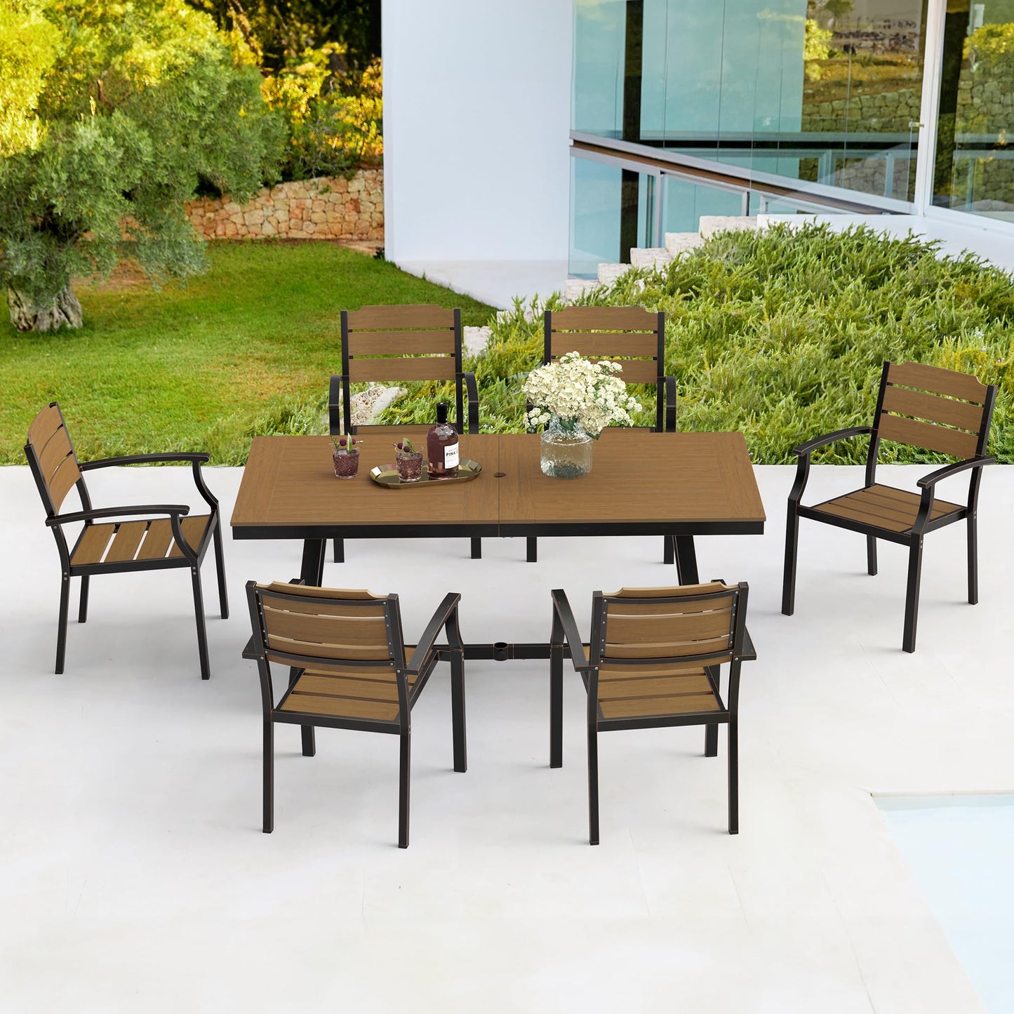 Cozyman Patio Table and Chairs Set, Patio Furniture Set, 7-Piece, HDPS All-Weather Material Outdoor Dining Set, Outdoor Furniture Set with Umbrella Hole, Brown-Oil Printed
