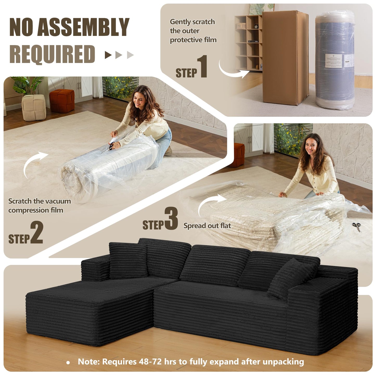 SaniCosi 108" Cloud Sectional Couch Sofa with L-Shape Chaise, Modern Modular Sofa Couch with Deep Seat, Upholstered Couches for Living Room Bedroom, No Assembly Required (Black)