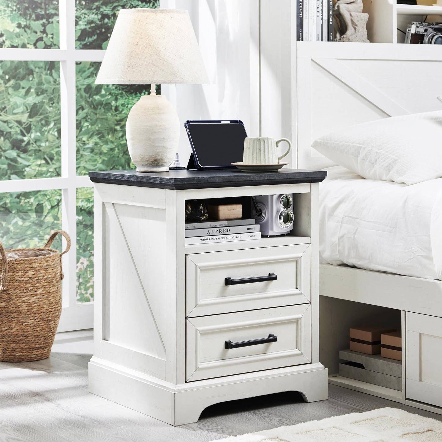 ACCOHOHO 18" Farmhouse Nightstand with Charging Station,End Table with 2 Drawers Storage,Side Table,Bedside Cabinet for Bedroom,Living Room,White
