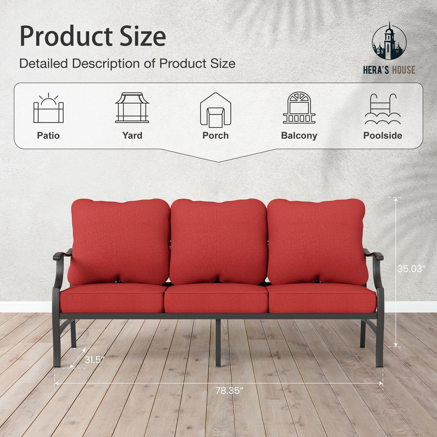 HERA'S HOUSE Patio Furniture Sofa, All-Weather Outdoor 3 Seats Couch, Outdoor Patio Couch with Deep Seating and Olefin Cushions for Lawn Garden Backyard, Red