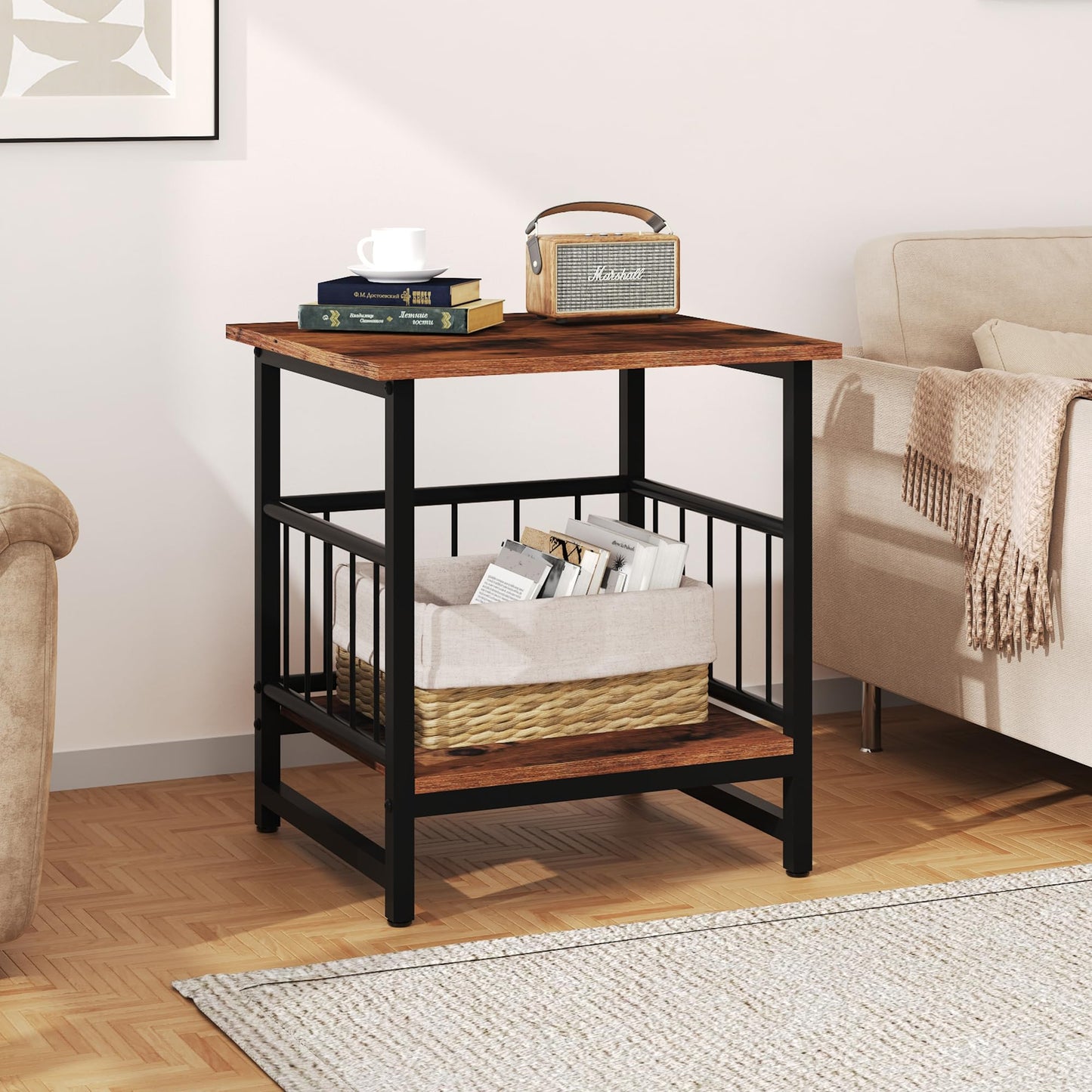EazeHome Industrial Night Stand, 18” Square Side Table with Open Storage Shelf, Bedside End Table for Bedroom, Heavy Duty Stand for Mini Fridge for Dorm, Kitchen Room, Rustic Brown