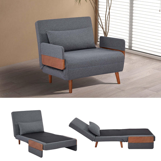 CITTANEO Convertible Sleeper Chair, 3-in-1 Chair Bed Sleeper for Adults with 3-Position Adjustable Backrest, Pillow and Wooden Arms, Folding Sofa Bed for Apartment, Dorm, Office, Gray