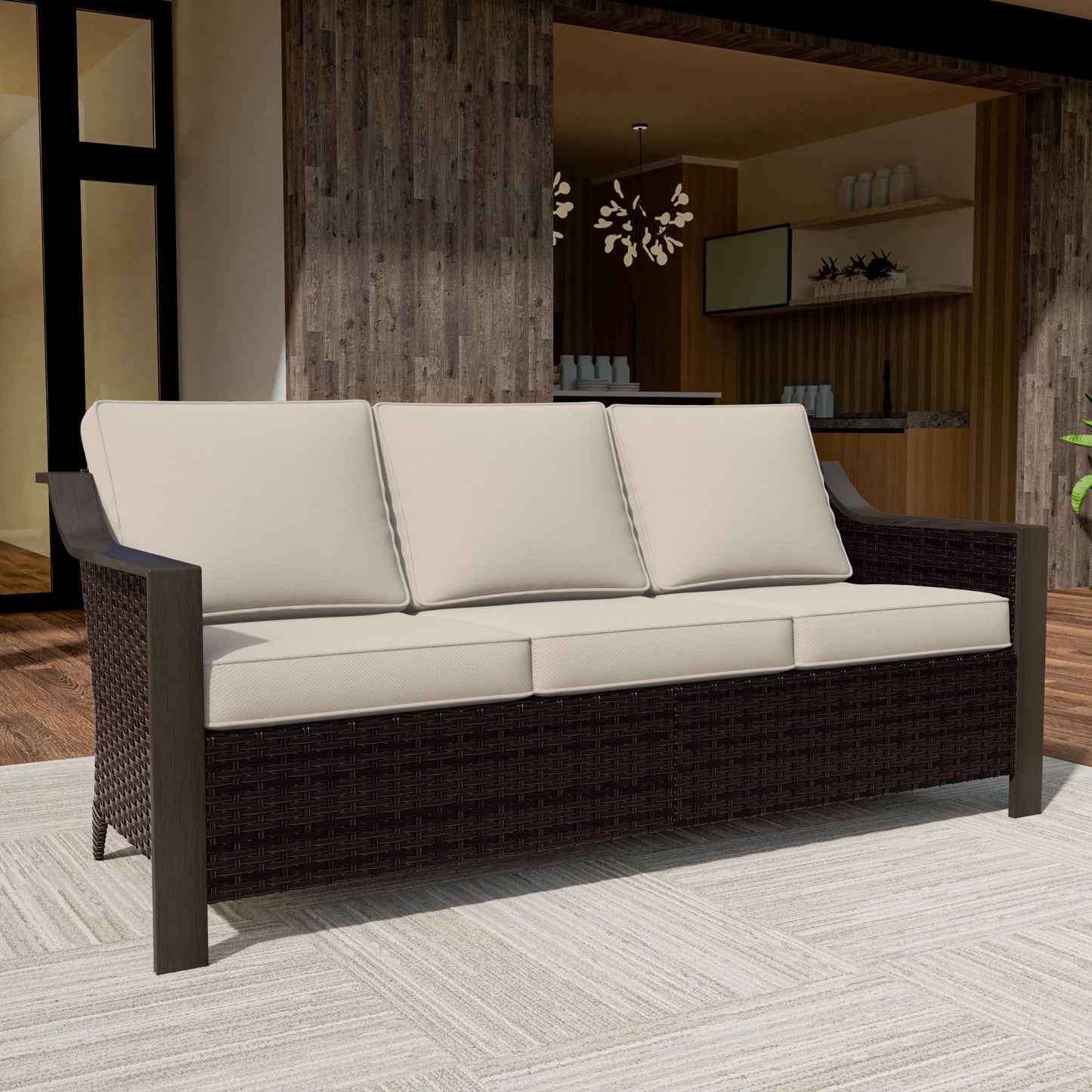 Qsoer 74 Inch Patio 3-Seater Sofa,PE Wicker Outdoor Lounge with Thick Removable Water-Resistant Cushions, Rust-Proof Steel Frame, 900LBS Capacity, Beige