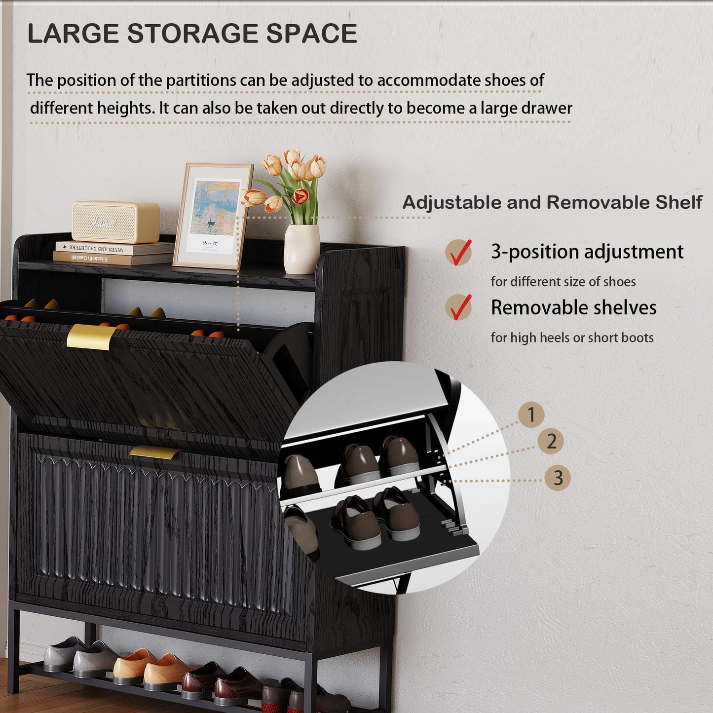 Kogven Shoe Storage Cabinet, Entryway Shoe Rack Cabinet with 2 Flip Drawers Metal Leg,Narrow/Slim/Wide Shoe Organizer Locker, 3-Sided Geometric Wavy Fluted Panel (Vintage Black, 31.5*9.5*40.0 Inch)