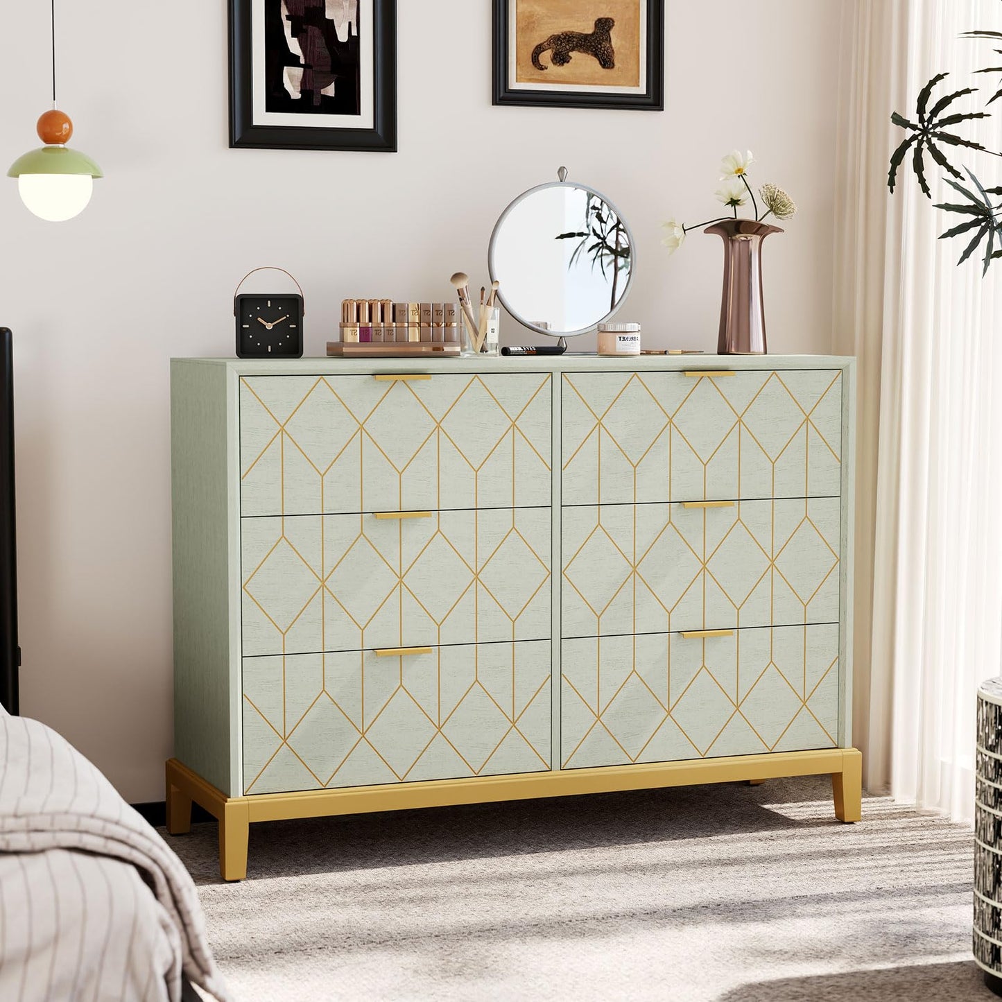 HLR Green Dresser with 6 Drawers,48" Modern Dresser Wide Chest of Drawers with Gold Lines Carved Design, TV Stand, Wood Dressers & Chest of Drawers for Bedroom, Living Room, Hallway