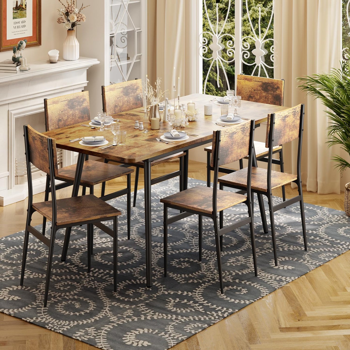 Qsun 63” Extendable Dining Table Set for 4-6 People, 7-Piece Dining Table Set for 6 People with 6 Chairs, MDF Wood Board Kitchen Table Set for Small Space and Apartment, Rustic Brown