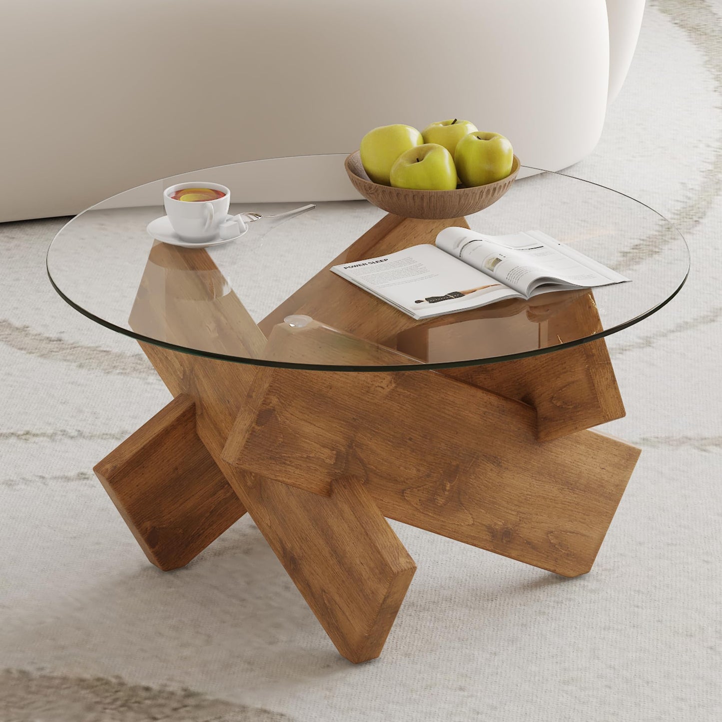 Natural Round Glass Coffee Table,33-Inch Small Modern for Living Room Clear Circle Accent Table Adapts to Farmhouse and Contemporary Decor