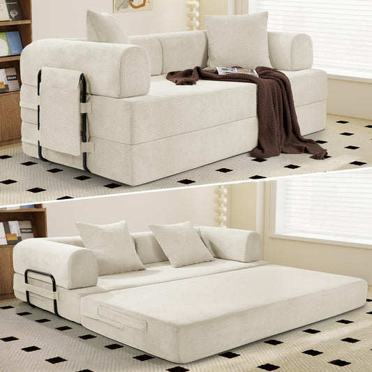 Convertible Corduroy Sleeper Sofa Bed with Cylindrical Pillows,Convertible Mattress Sofa with Fixed Shape Frame, Living Room Bedroom Lounge Studio Use Floor Sofa Lounge,Beige
