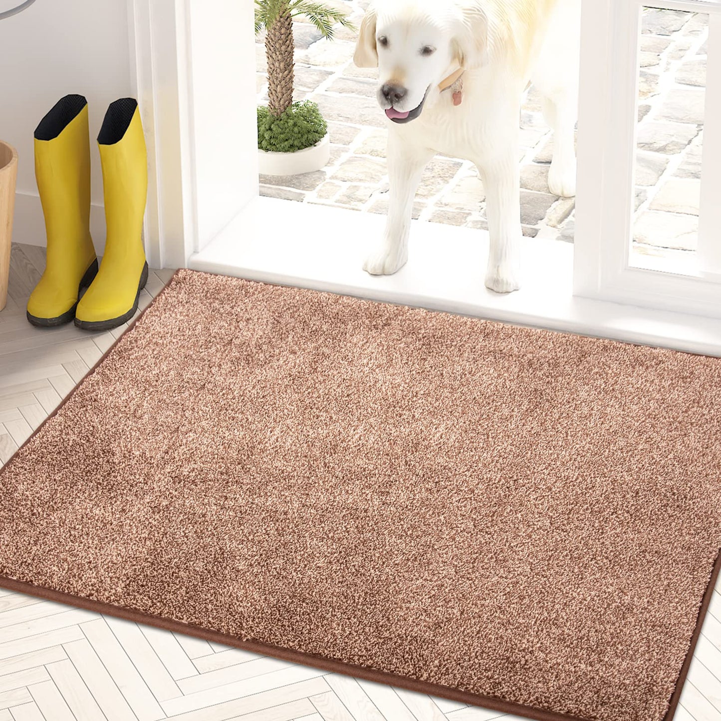 PURRUGS Dirt Trapper Door Mat 24" x 35.5", Non-Slip Machine Washable Entry Rug, Shoe Scraper, Dog Doormat, Super Absorbent Welcome Mat for Front & Back Door, Muddy Shoes & Paws, Brown-Light Cream