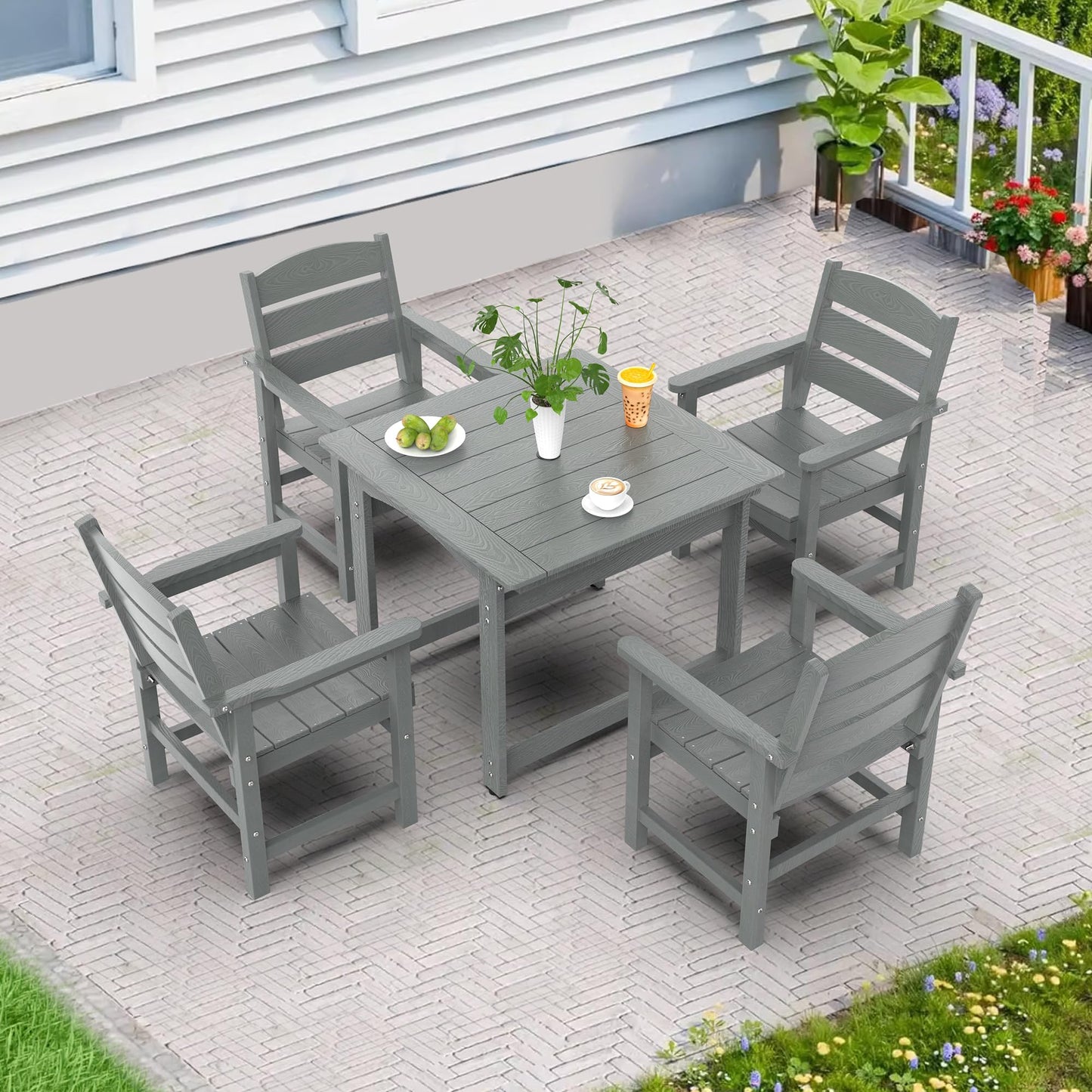 Sunnibety 5-Piece HIPS Patio Dining Set, Outdoor Dining Table and Chairs Set with Umbrella Hole, Weatherproof Dining Table Set for 6 Person, Patio Furniture Set for Outside Deck, Grey