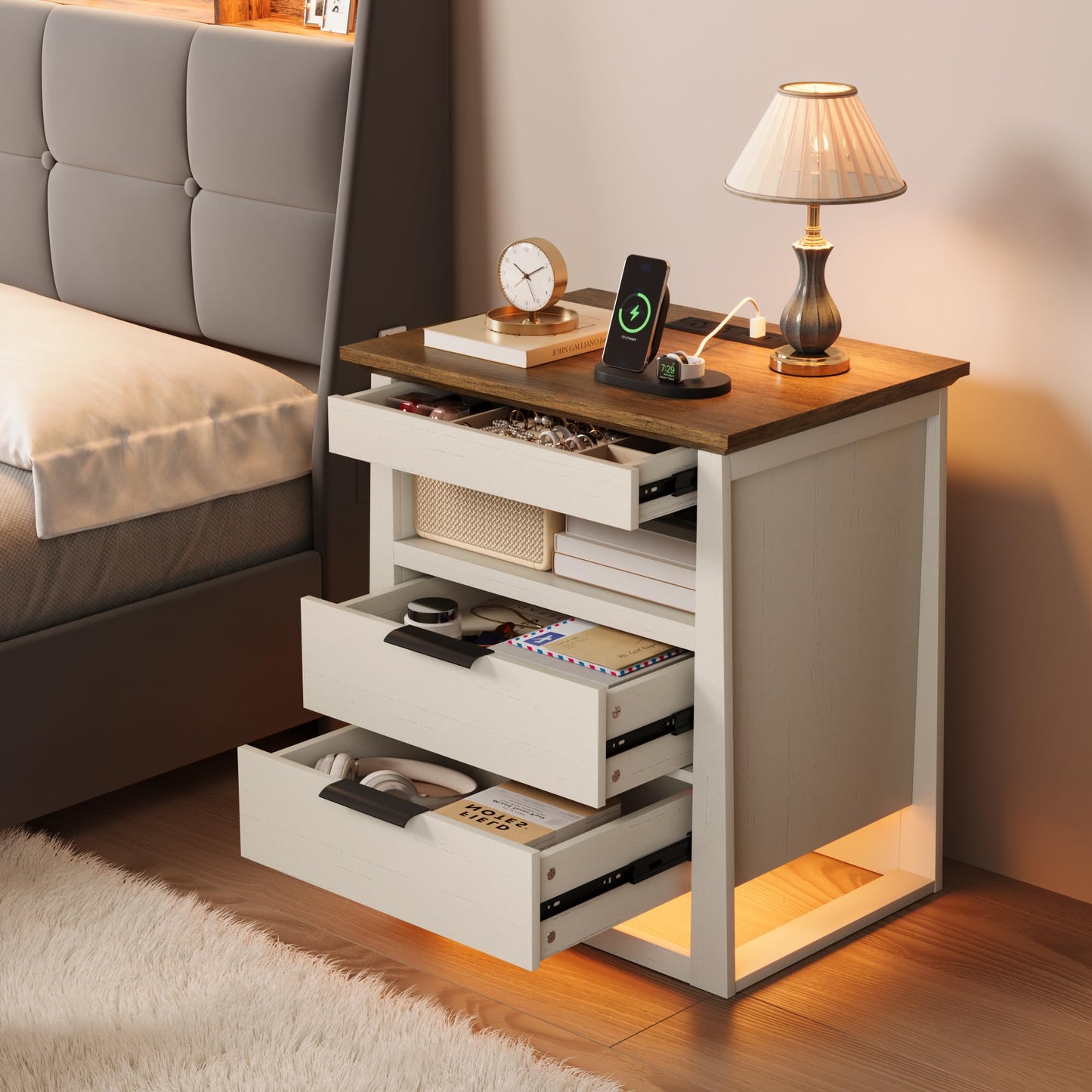 Rresyet Nightstand with Sensor LED Light and Charging Station, 24" Tall End Table with 3 Drawers, Modern Night Stand with Storage, Wooden Bedside Table for Bedroom. (White)