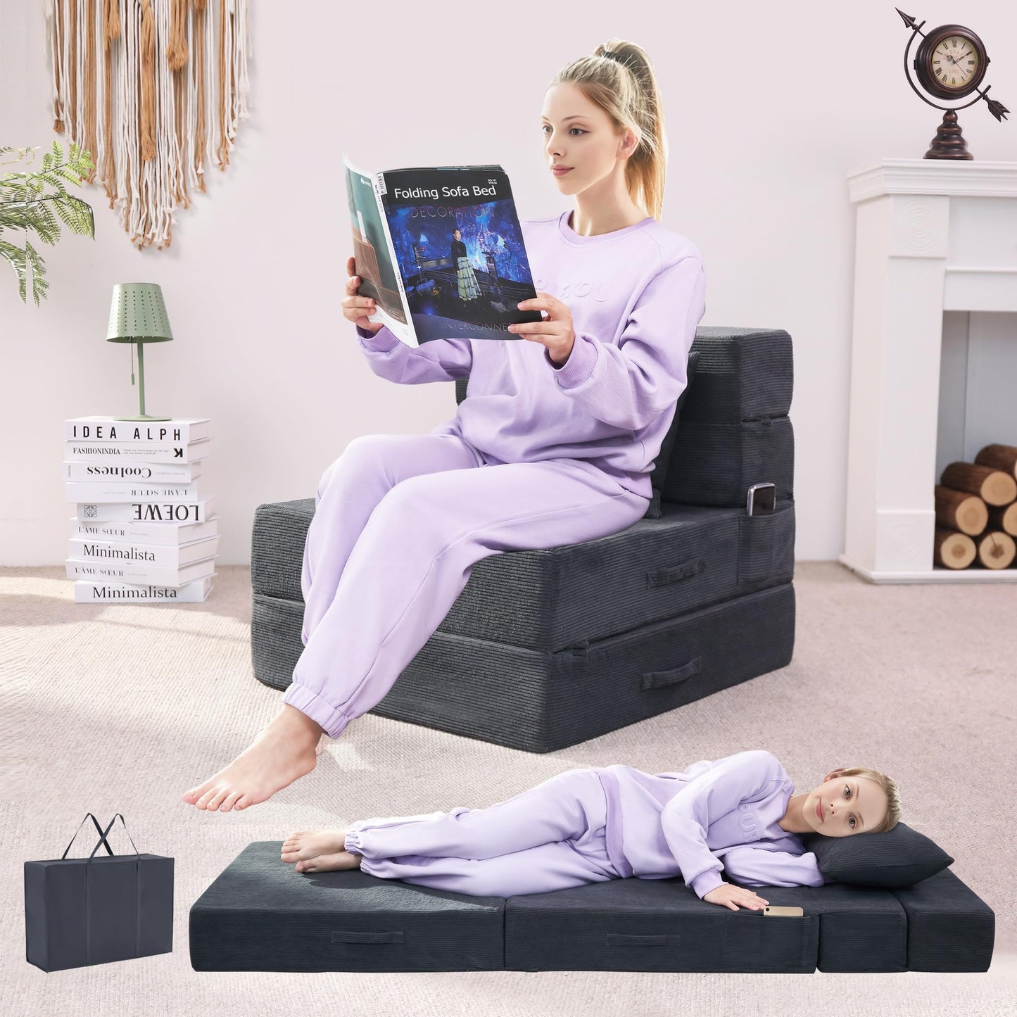 HILERO Folding Sofa Bed, 4 in 1 Convertible Sleeper Chair with Pillow, Single Memory Foam Fold Out Chair Bed, Modern Floor Futon Sofa Couch Mattress for Living Room/Guest/Apartment, Dark Grey