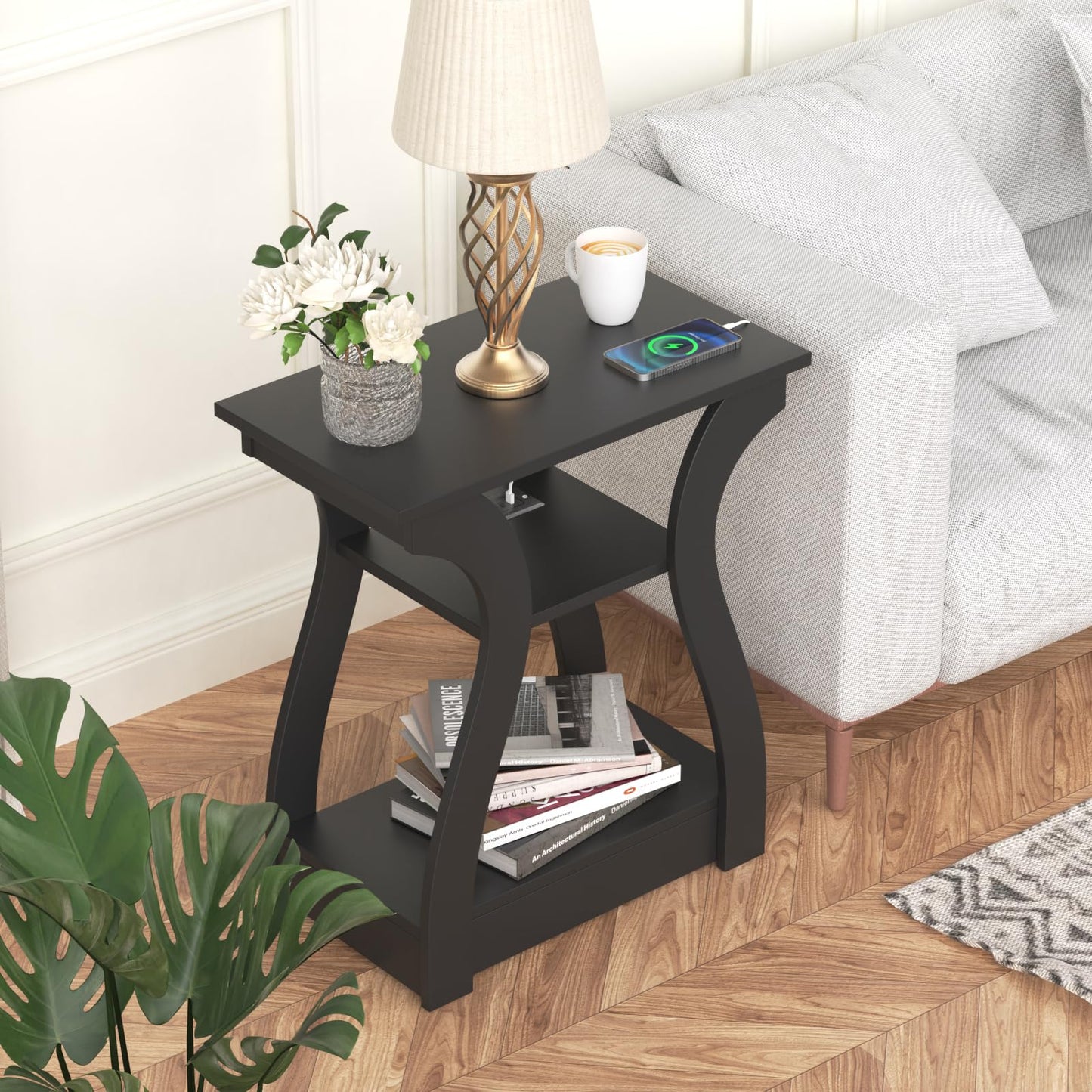 FROMJBEST End Table with Charging Station, Side Table with USB Ports and Outlets, 3 Tier Nightstand Sofa Table for Small Spaces, Beside Table with Storage Shelf for Living Room, Bedroom