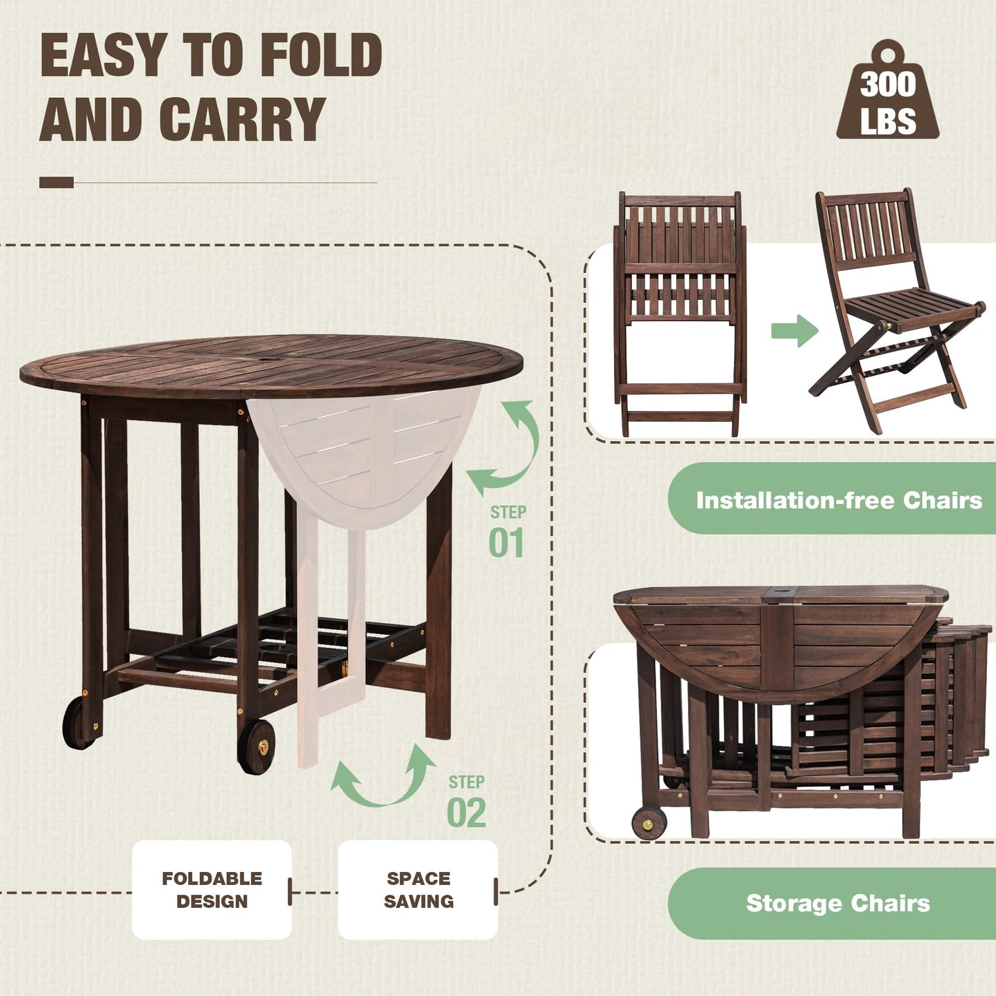 Devoko 5 PCS Patio Furniture, Patio Dining Set Acacia Wood Outdoor Table and Chairs, with 4 Folding Chairs and 37" Round Movable Table, Outdoor Dining Set for Lawn, Balcony, Garden (Deep Brown)