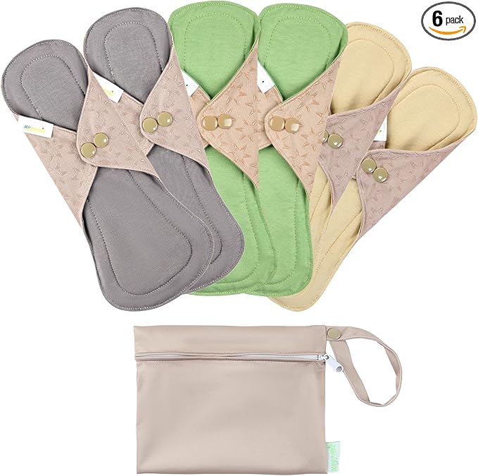 wegreeco 6 Pcs Reusable Menstrual Pads, Ultra Absorbent Cloth Pads for Heavy Flow, Sanitary for Teens, Women, Nonslip, Inner Mustard Yellow, Grey, Beige, Rose Gold Outer, S