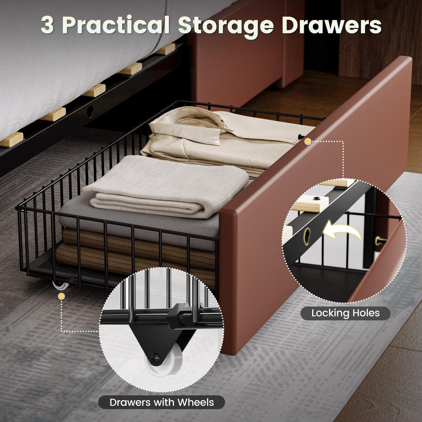 ANCTOR King Bed Frame with 3 Drawers, Storage Headbord with Charging Station, Platform Storage Bed Frame for Bedroom, Living Room, No Box Spring, Faux Leather, Brown