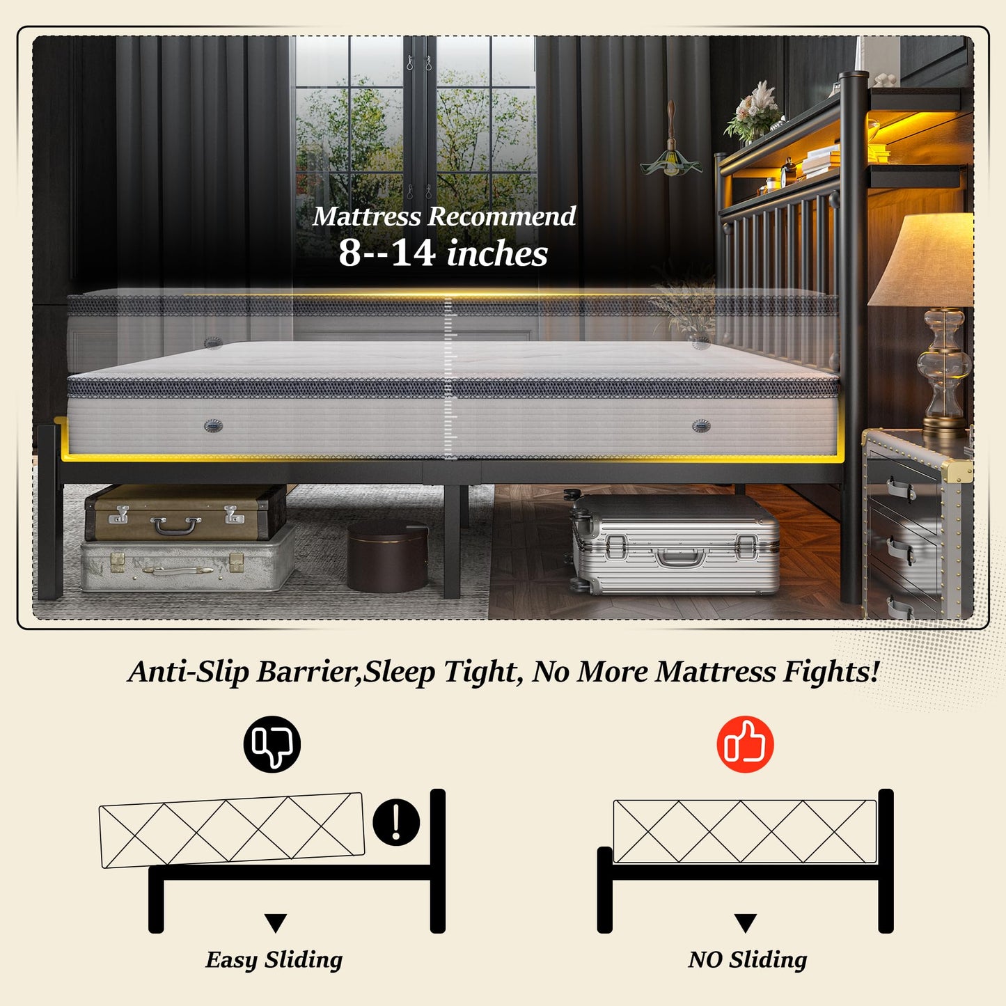 Homkdom Metal King Size Bed Frame and 2-Tier Storage Headboard, Bed Frame King Size with LED Light, Victorian Mattress Foundation Under Bed Storage/No Box Spring Needed/Noise-Free/Easy Assembly, Black
