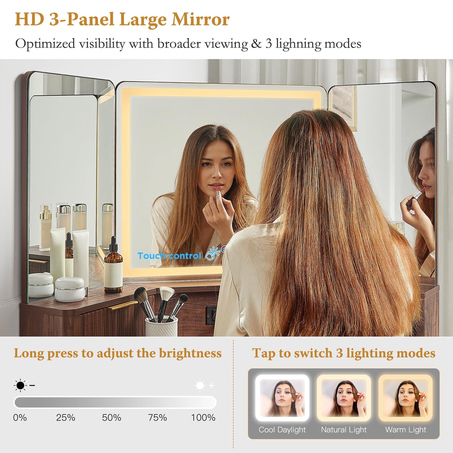 T4TREAM 48" Fluted Makeup Vanity Desk with HD Triple Mirror and Lights, Large Lighted Corner Vanity with Glass Top, Modern Dressing Table with 3 Drawers & 2 Cabinets for Bedroom, Walnut