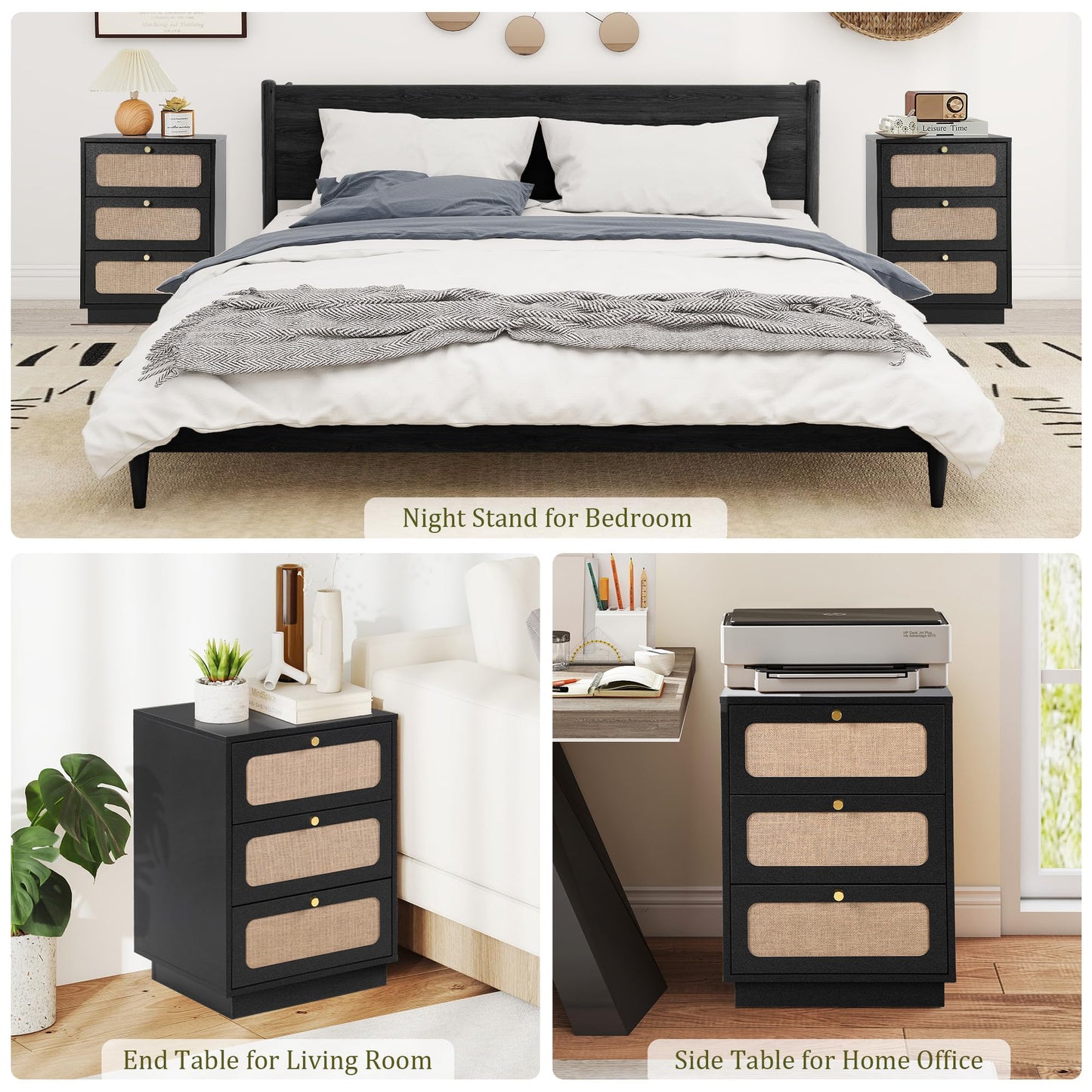 AVZEAR Mid Century Night Stand Set of 2, Modern Nightstand with 3 Drawers & Curved Linen Panel, Farmhouse End Table Wood Bedside Table Small Side Table for Small Space, Bedroom(Black)