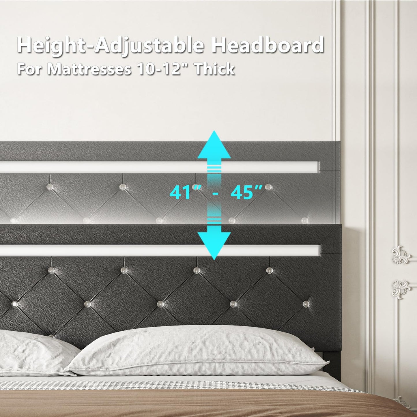 Forrise Bed Frame Full Size with Storage Drawers and LED Light, 2 Sockets and 2 USB Ports, Adjustable Headboard with PU Leather Upholstered, No Box Spring Needed, Wooden Slats Support, Black.