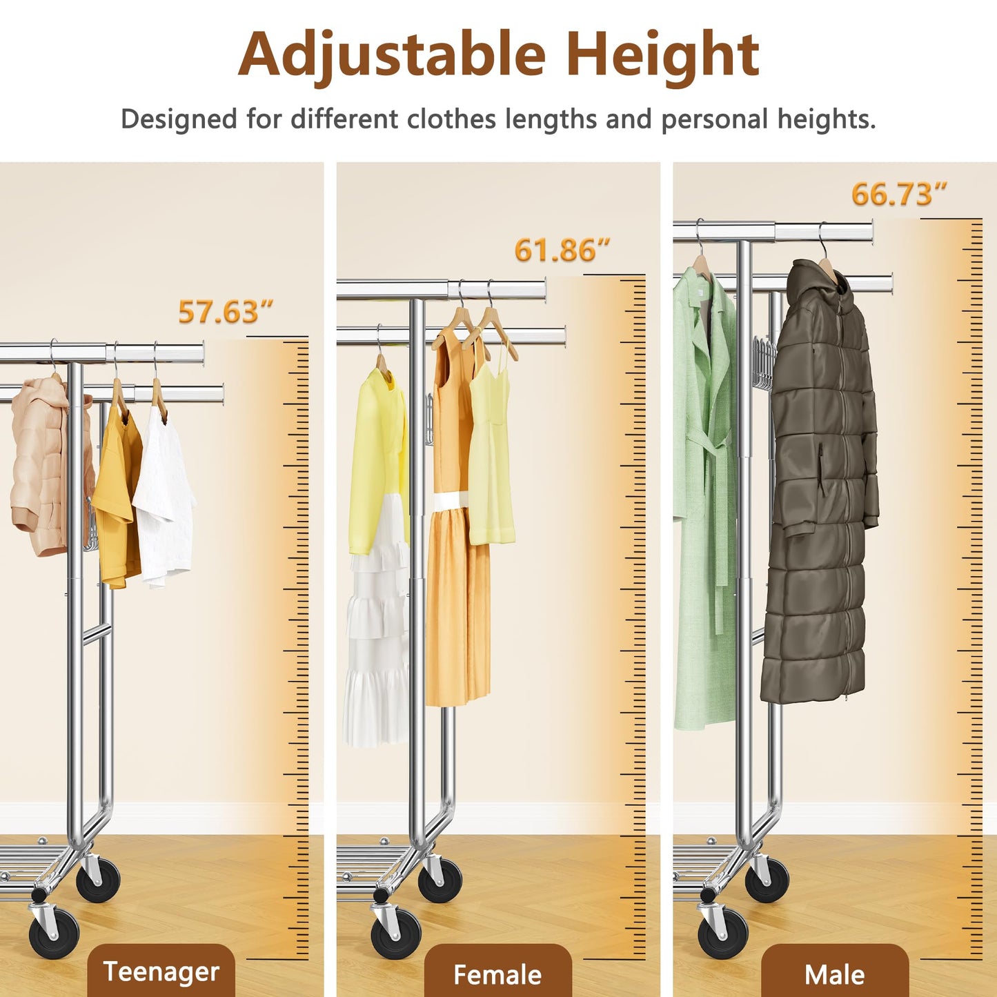 Hoctieon 2-Minute Assembly Double Rod Clothes Rack, Heavy Duty Rolling Clothing Racks with Wheels, Foldable Commercial Garment Rack, Extendable Hanging Bar, Adjustable Metal Pole with Hooks, Chrome