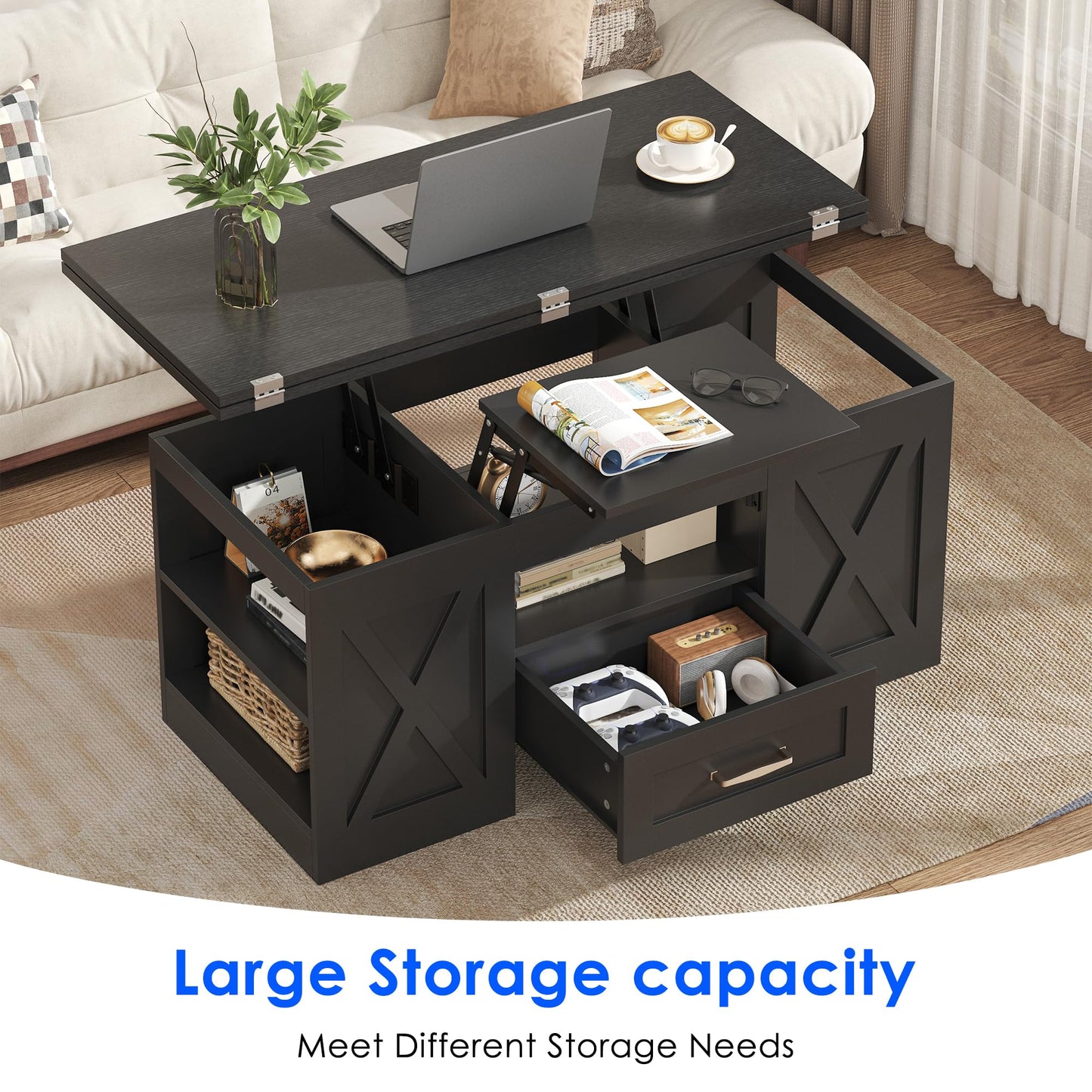 Nosepen Coffee Table, 39.37" Lift Top Coffee Table with Drawer & Open Storage Shelves, Large Rectangular Farmhouse Living Room Table, Center Table for Living Room, Home Office, Espresso, Black