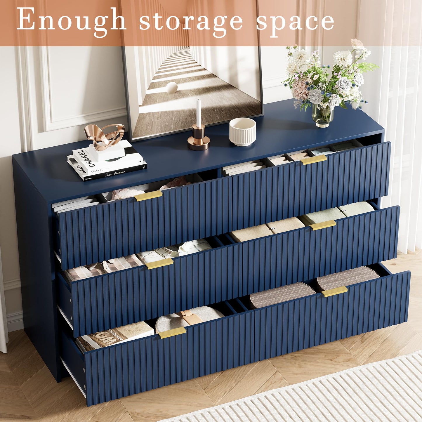 Furniway Navy Blue Dresser for Bedroom, Modern Dresser with 6 Drawers and Smooth Slides, Wide Chest of Drawers with Golden Handles for Bedroom, Living Room, Closet, 15.7" D x 55.1" W x 31.4" H