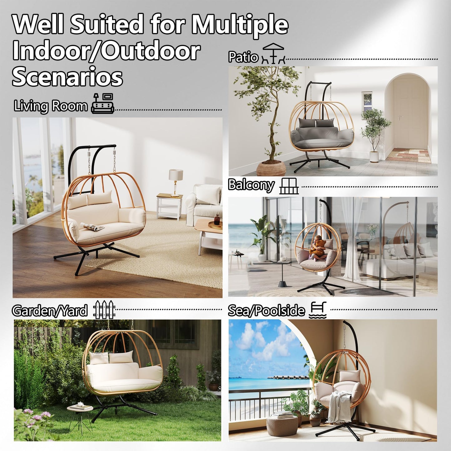 DAYARUS Egg Swing Chair with Stand, Metal Hanging Egg Chair with Cushions, Heavy Duty 400LBS Imitation Wicker Egg Chairs Outdoor, 80" H Hanging Chairs Cozy Basket Seat for Bedroom/Balcony, Charcoal