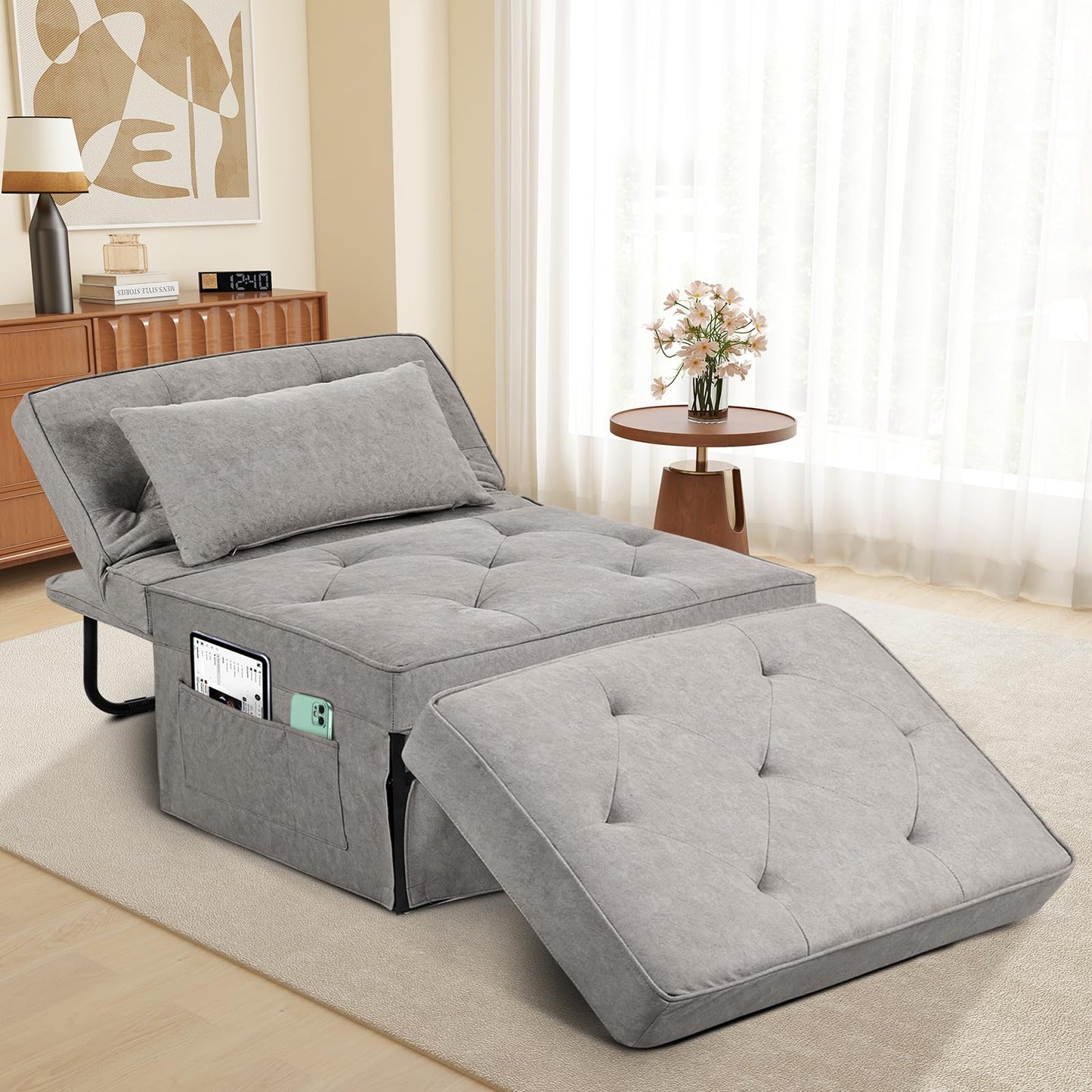 OMOCCUIT 4-in-1 Multi-Functional Convertible Sofa Bed, Large Foldable Ottoman Sleeper Chaise with Adjustable Backrest, Modern Linen Convertible Futon Sofa Couch for Living Room, Apartment (Light Grey)