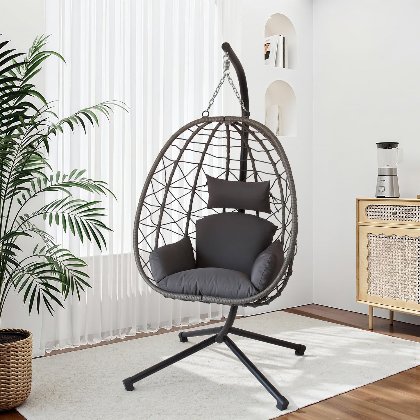 JOINFUN Egg Chair with Stand, Patio Wicker Hanging Swing Egg Chair Thickened, Galvanized Pipe Steel Frame and UV Resistant Cushion for Bedroom Garden Indoor Outdoor, 350LBS Capacity (Drak Grey)