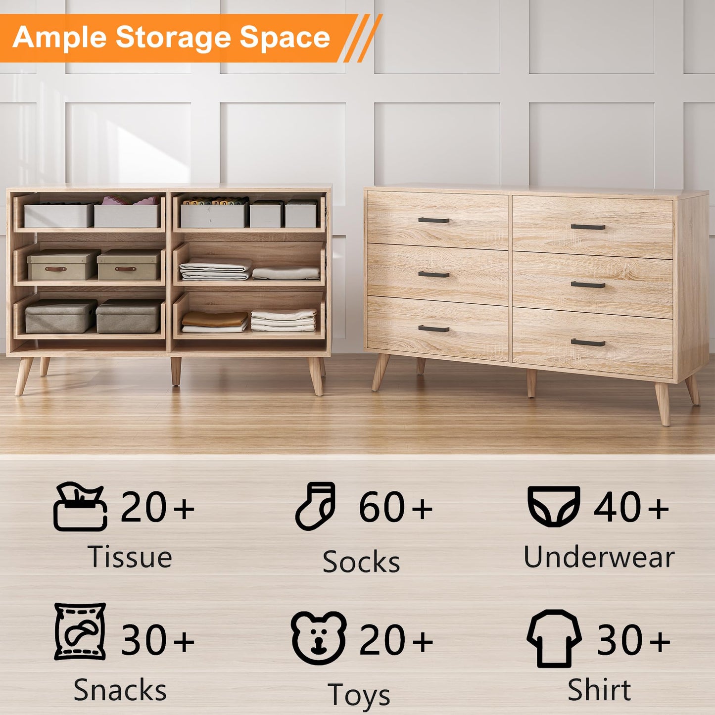 Bigbiglife Wood Dresser for Bedroom, 6 Drawer Dresser with Metal Handles, Mid Century Modern Dresser Double Chest of Drawer (Light Oak)