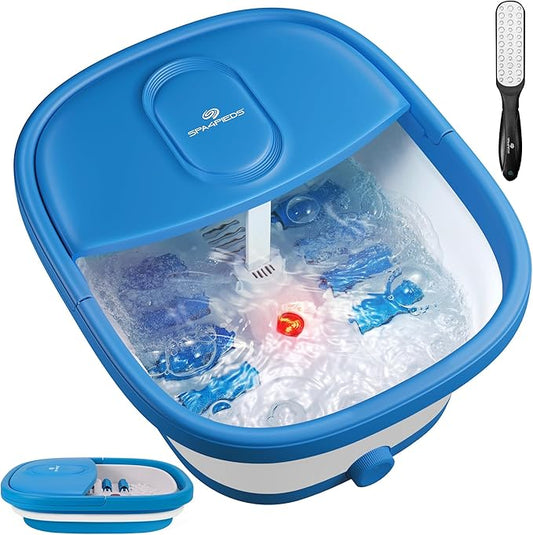 Collapsible Foot Spa Bath Massager with Heat-Maintaining, Bubbles, Red Light, 8 Shiatsu Massage Rollers, A Double-Sided Foot File for Stress Relief & Soft Feet, Space-Saving Feet Soaker, Blue