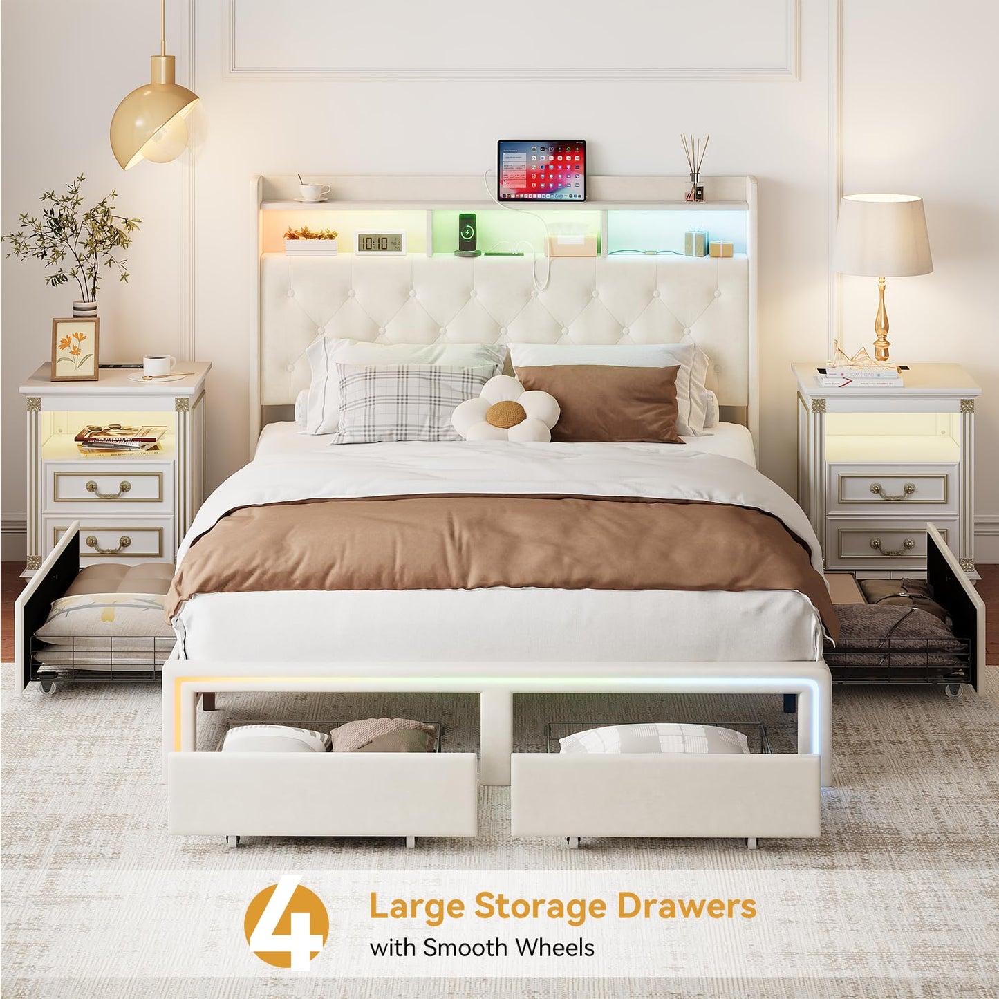 VINTLJUS Full LED Bed Frame with Storage Headboard & Charging Station, Velvet Fabric Platform Bed Frames with 4 Drawers, Button Tufted Upholstered, No Box Spring Needed, Beige