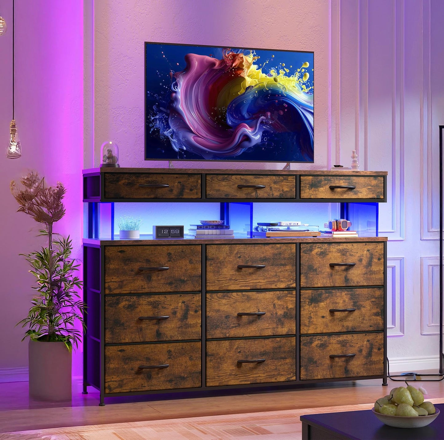 Dresser for Bedroom with 12 Drawers, Dresser with LED & Charging Station, 38.6''H Dressers & Chests of Drawers with with 10mm Sturdy Acrylic Sheet, for Bedroom, Closet, Entryway, Rustic Brown