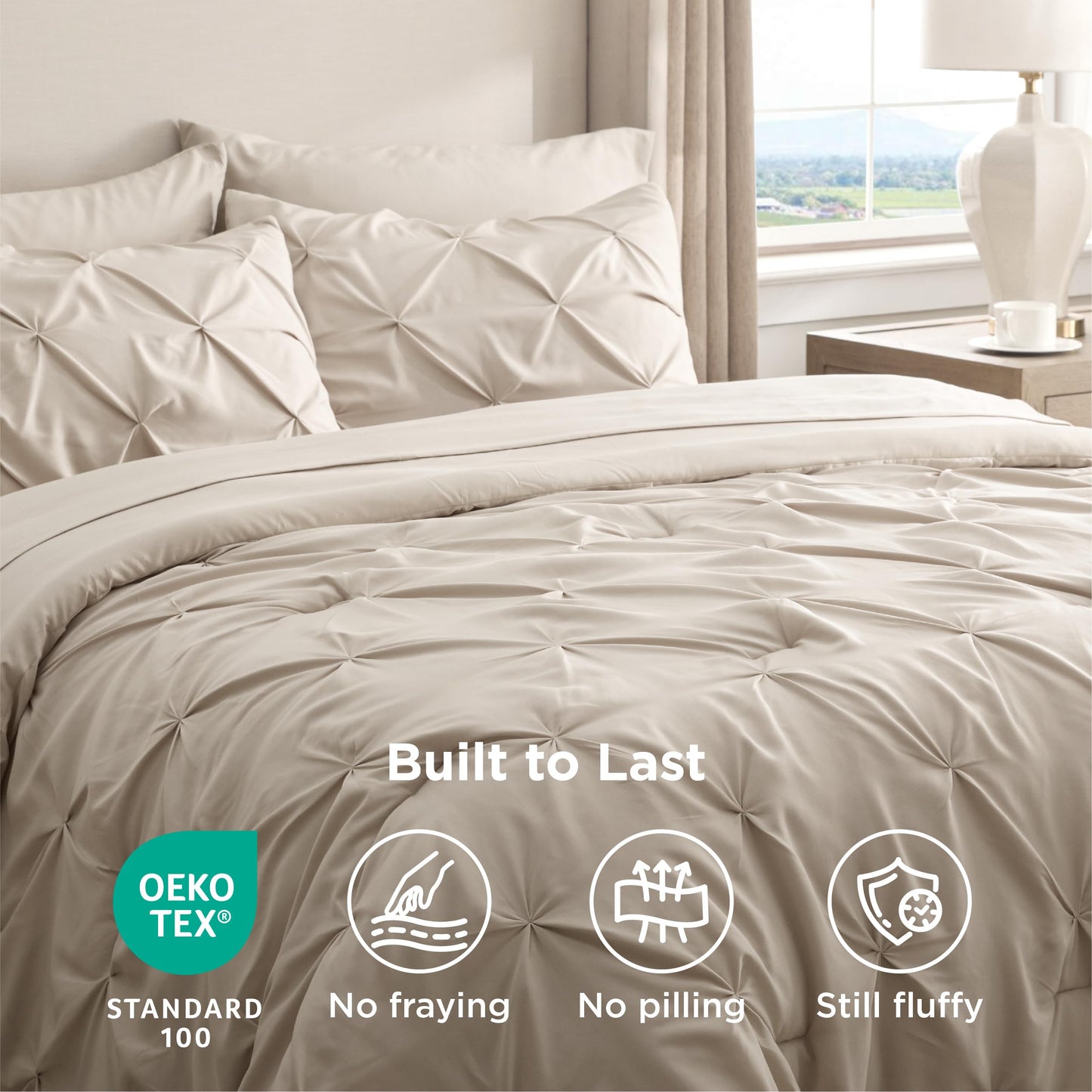 Bedsure Queen Comforter Set Beige - Bed in a Bag Queen Size 7 Pieces, GentleSoft™ Pintuck Bed Set Gift for Family, Pinch Pleat Beige Comforter with Sheets, Pillowcases & Shams