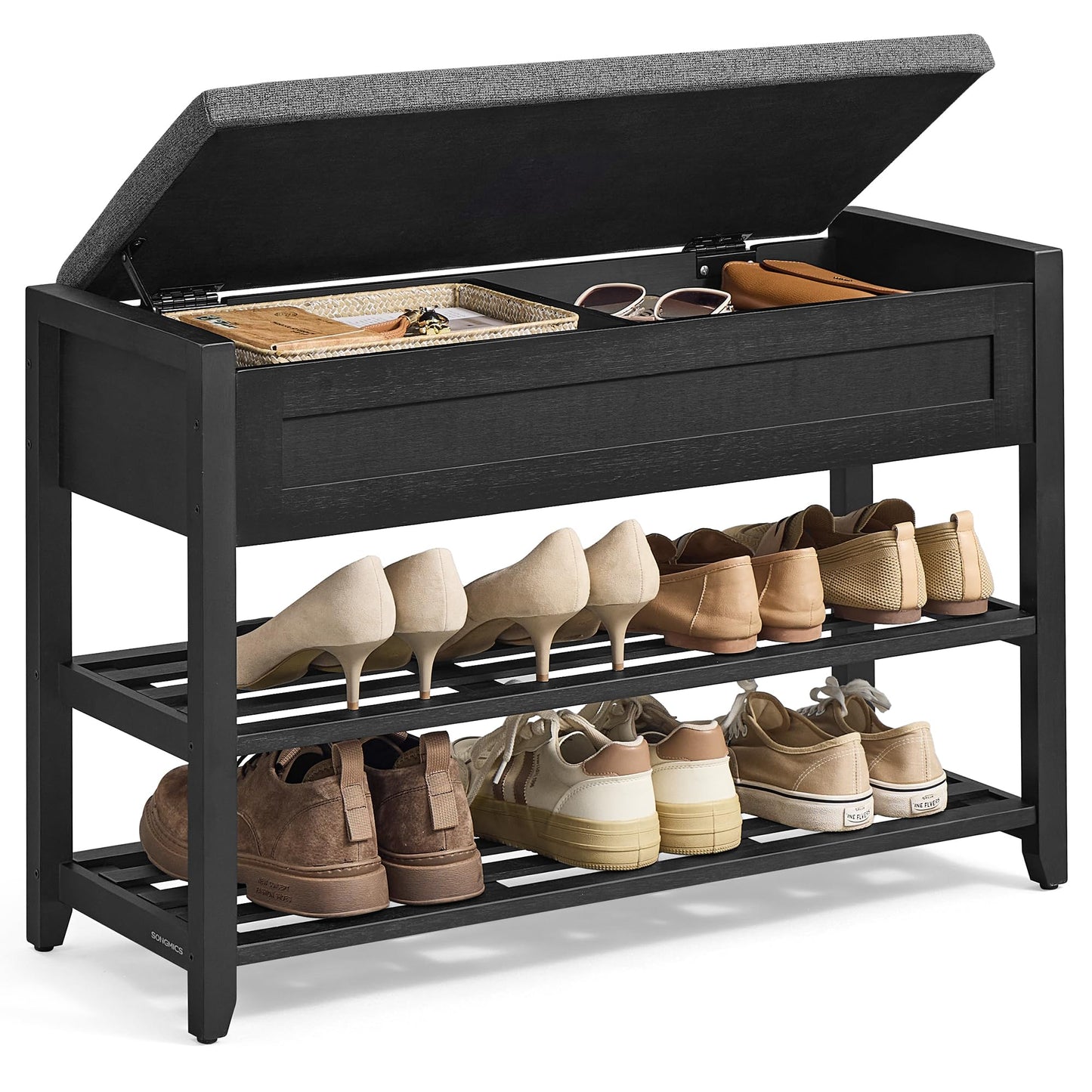 SONGMICS Storage Bench, Bamboo Shoe Rack, Entryway Furniture, 31.5 Inches Wide, Hidden Storage Compartments, 2-Tier Shoe Shelves, for Entryway, Living Room, Bedroom, Dorm, Ink Black ULSB056B01